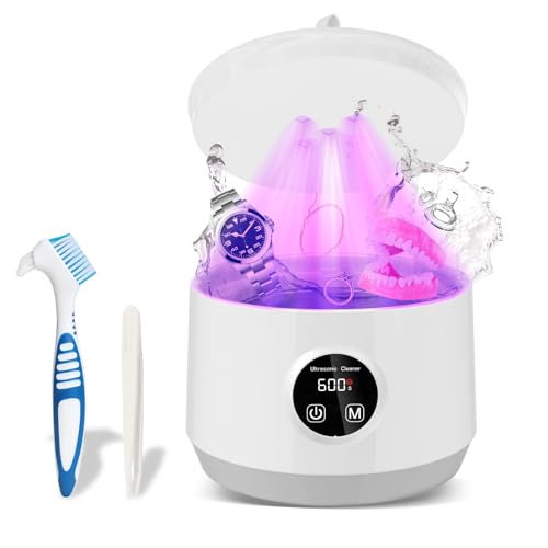 3 IN 1 Ultrasonic Jewelry Cleaner,48kHz Professional Portable Ultrasonic Retainer Cleaner Machine with 5UV-Light and LED Digital Timer for Retainer, Mouth Guard, Watch, Ring -Home and Travel Use-White